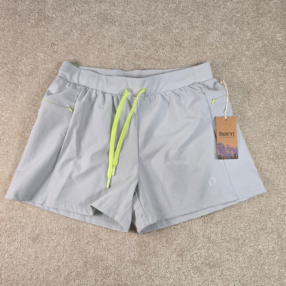 Born Outdoor Womens Athletic Shorts Gray Lime Green Drawstring BO31305AS-RK S